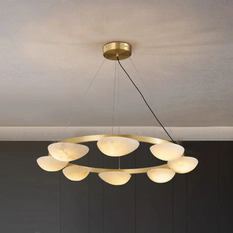 Modern Luxury Brass Circular Alabaster Hanging Chandelier Image - 1