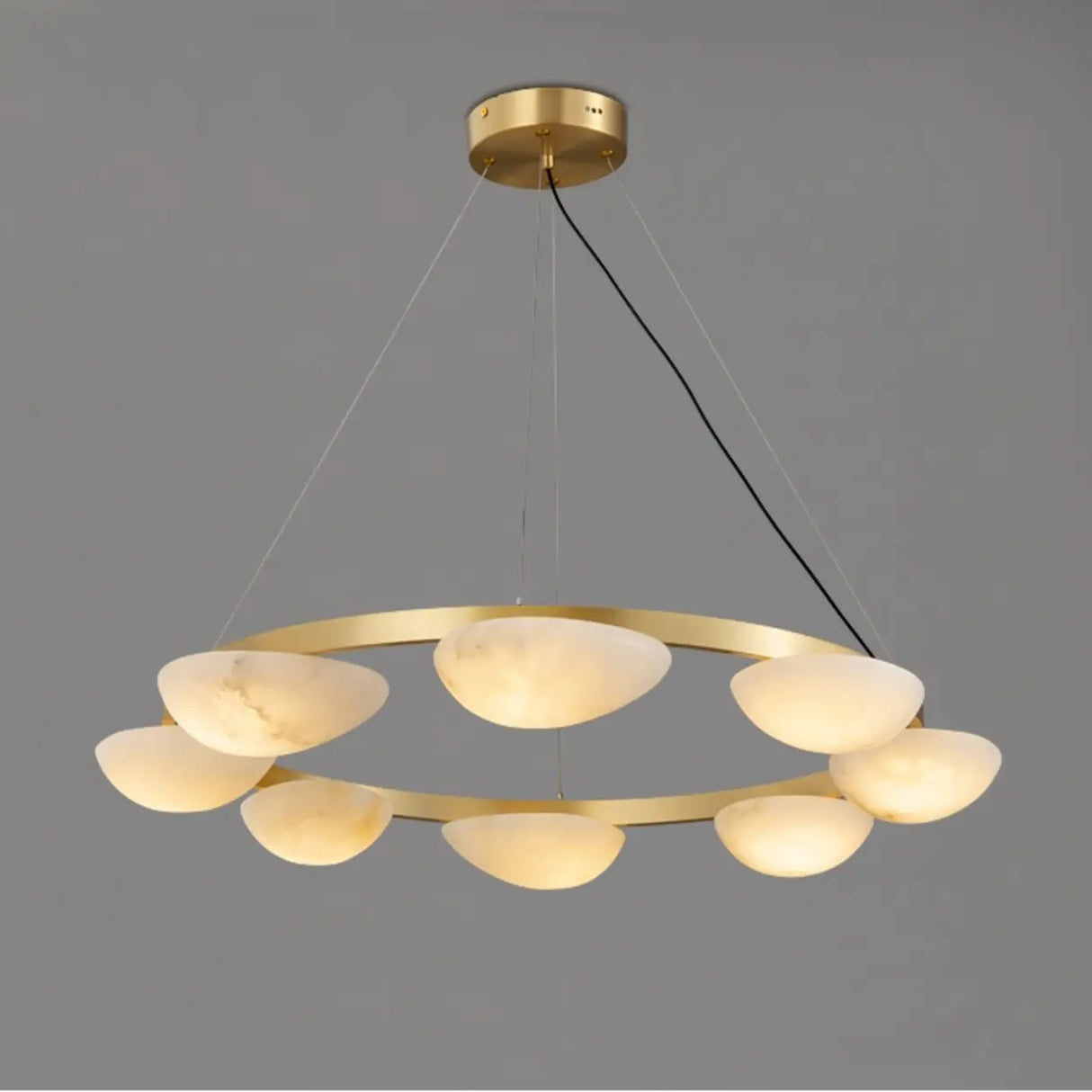 Modern Luxury Brass Circular Alabaster Hanging Chandelier Image - 2