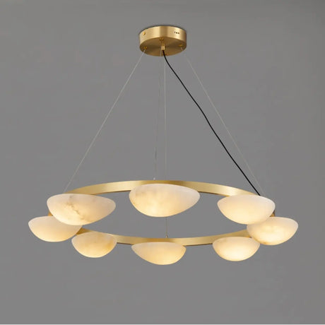 Modern Luxury Brass Circular Alabaster Hanging Chandelier Image - 2