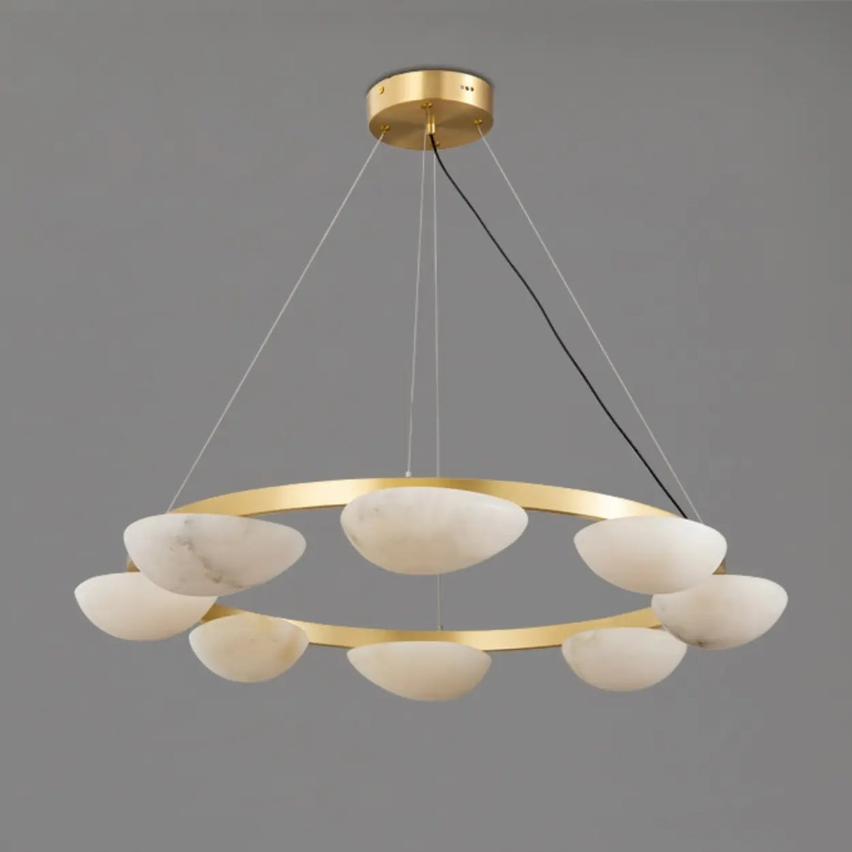 Modern Luxury Brass Circular Alabaster Hanging Chandelier Image - 3