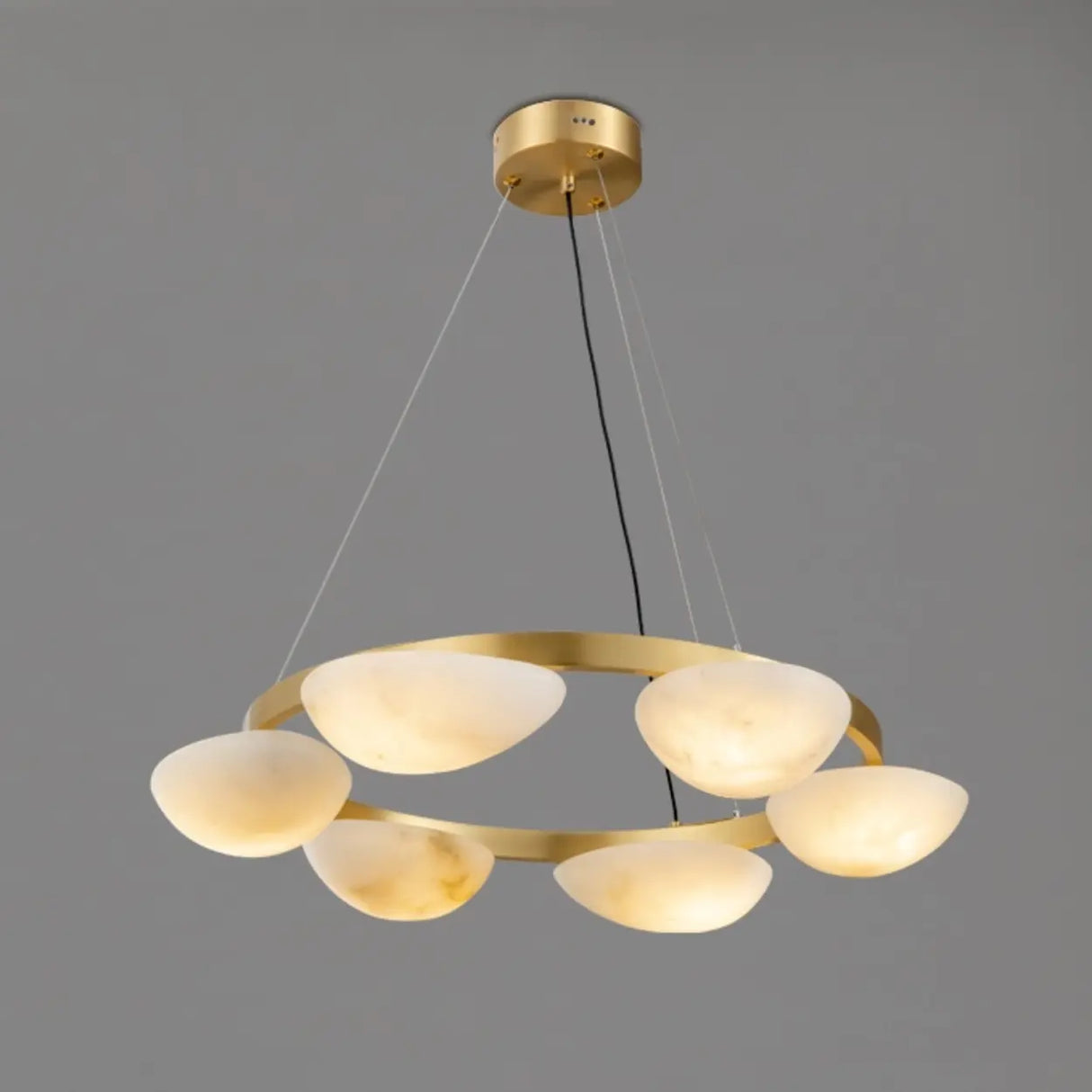 Modern Luxury Brass Circular Alabaster Hanging Chandelier Image - 4