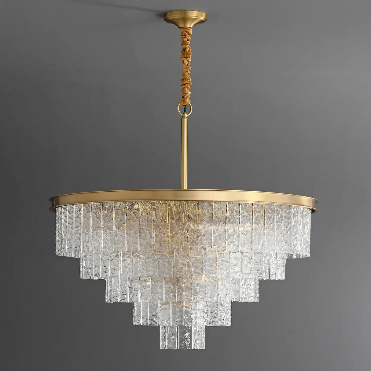 Modern Luxury Brass Downrod Tierd Glass Chandelier Image - 3
