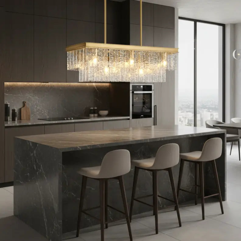 Modern Luxury Brass Glass Rectangular  2-Tier Island Lights Image - 9