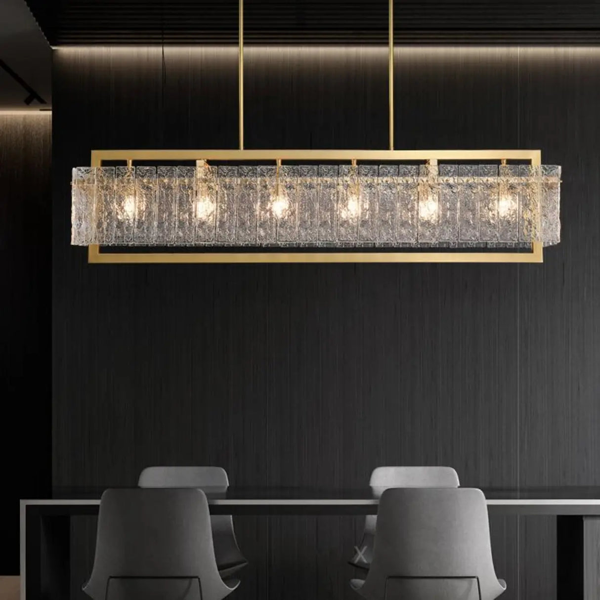 Modern Luxury Brass Rectangle Clear Textured Glass Island Light Image - 1