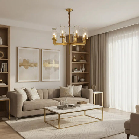 Modern Luxury Brass Textured Glass Cylinder Branch Chandelier Image - 17