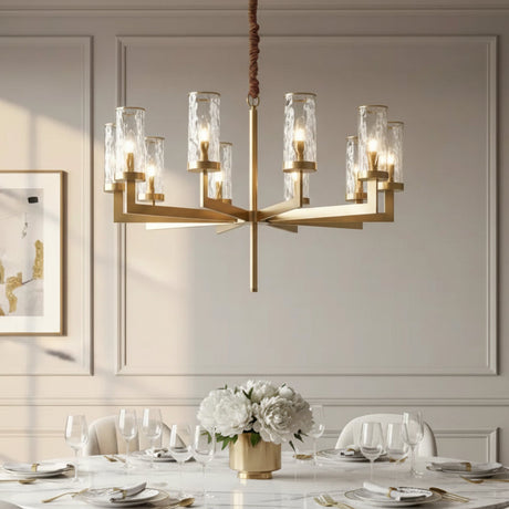 Modern Luxury Brass Textured Glass Cylinder Branch Chandelier Image - 18