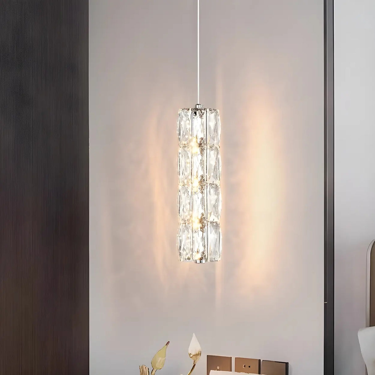 Modern Luxury Clear Crystal Cylinder Bedroom Pendant Light Image - 3