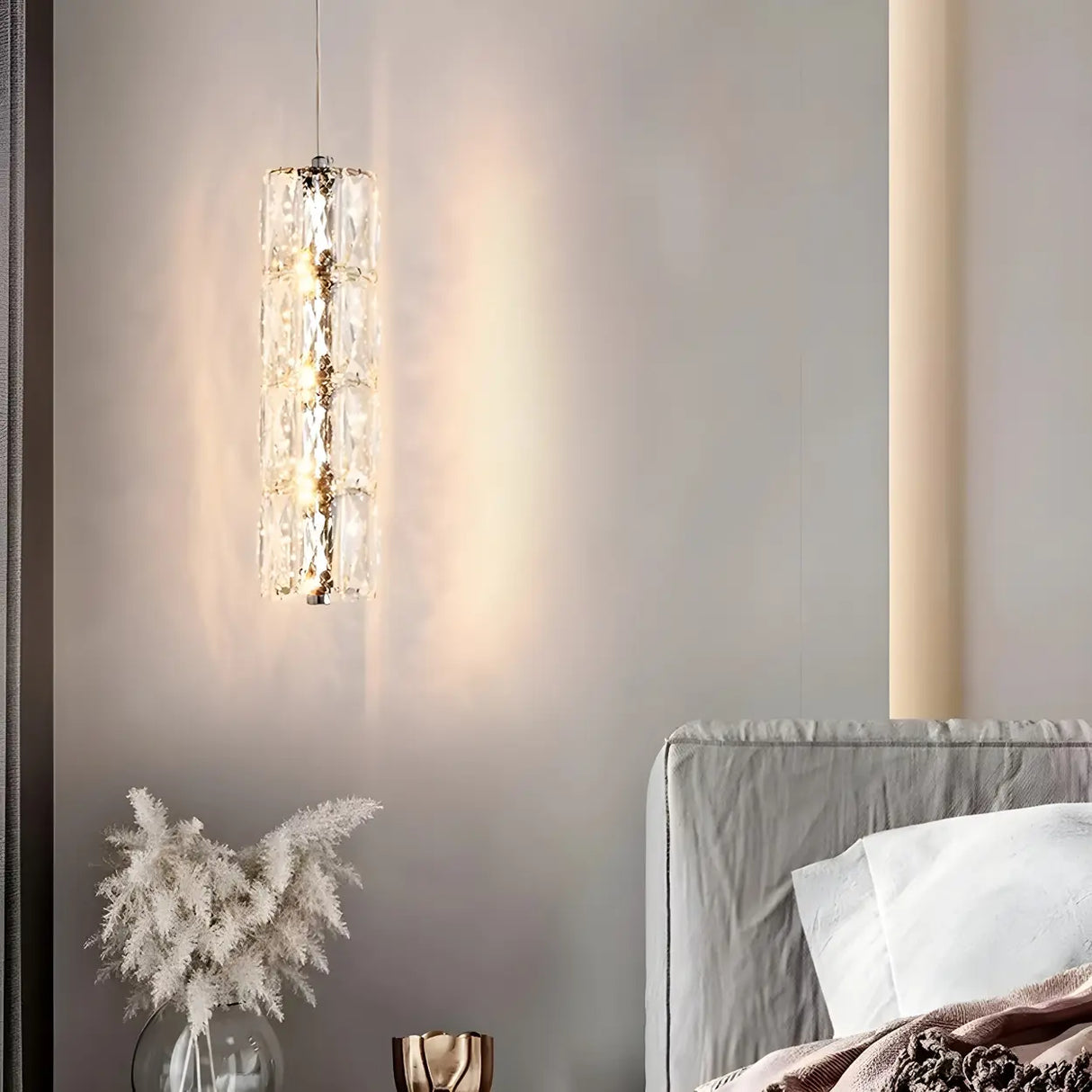 Modern Luxury Clear Crystal Cylinder Bedroom Pendant Light Image - 4
