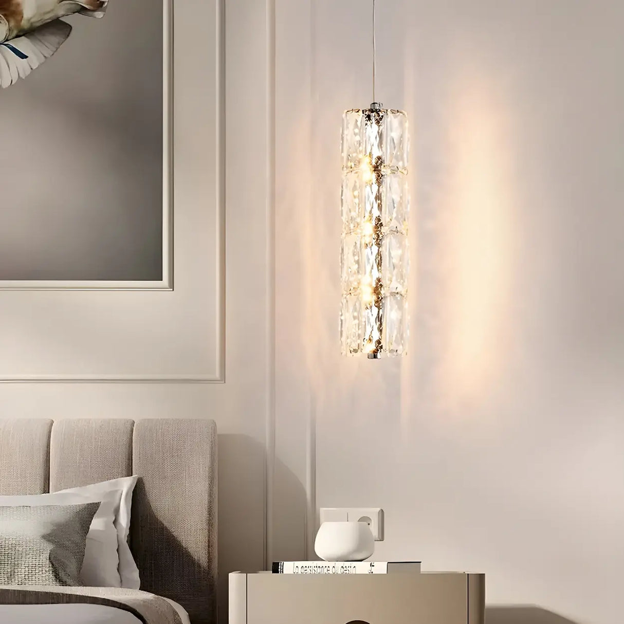 Modern Luxury Clear Crystal Cylinder Bedroom Pendant Light Image - 5