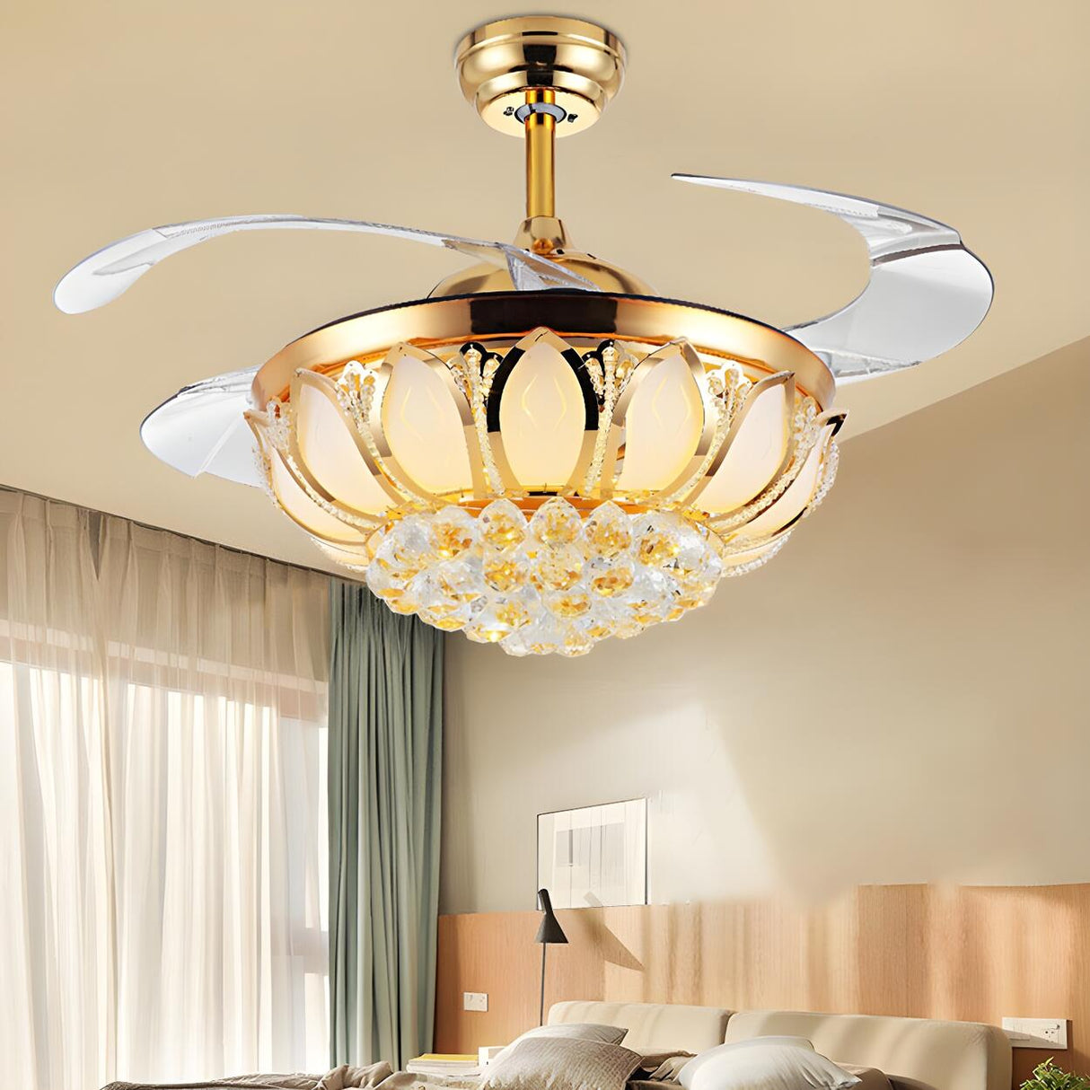 Modern Luxury Crystal Gold Bowl Ceiling Fan with Light Image - 5