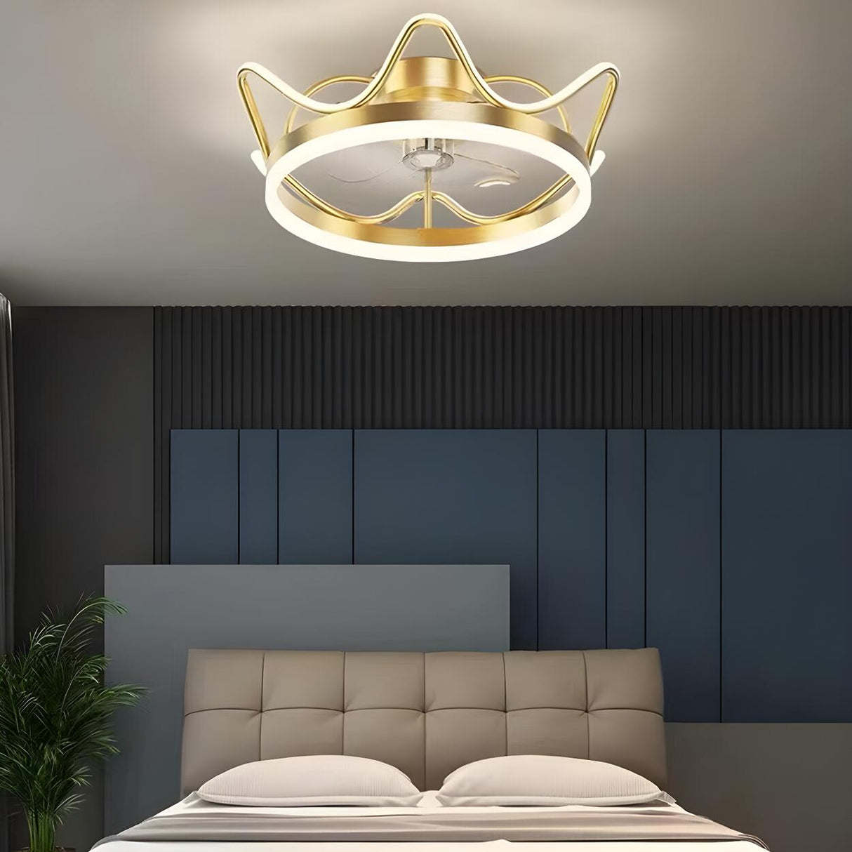 Modern Luxury Gold Crown Metal Ceiling Fan with Light Image - 13