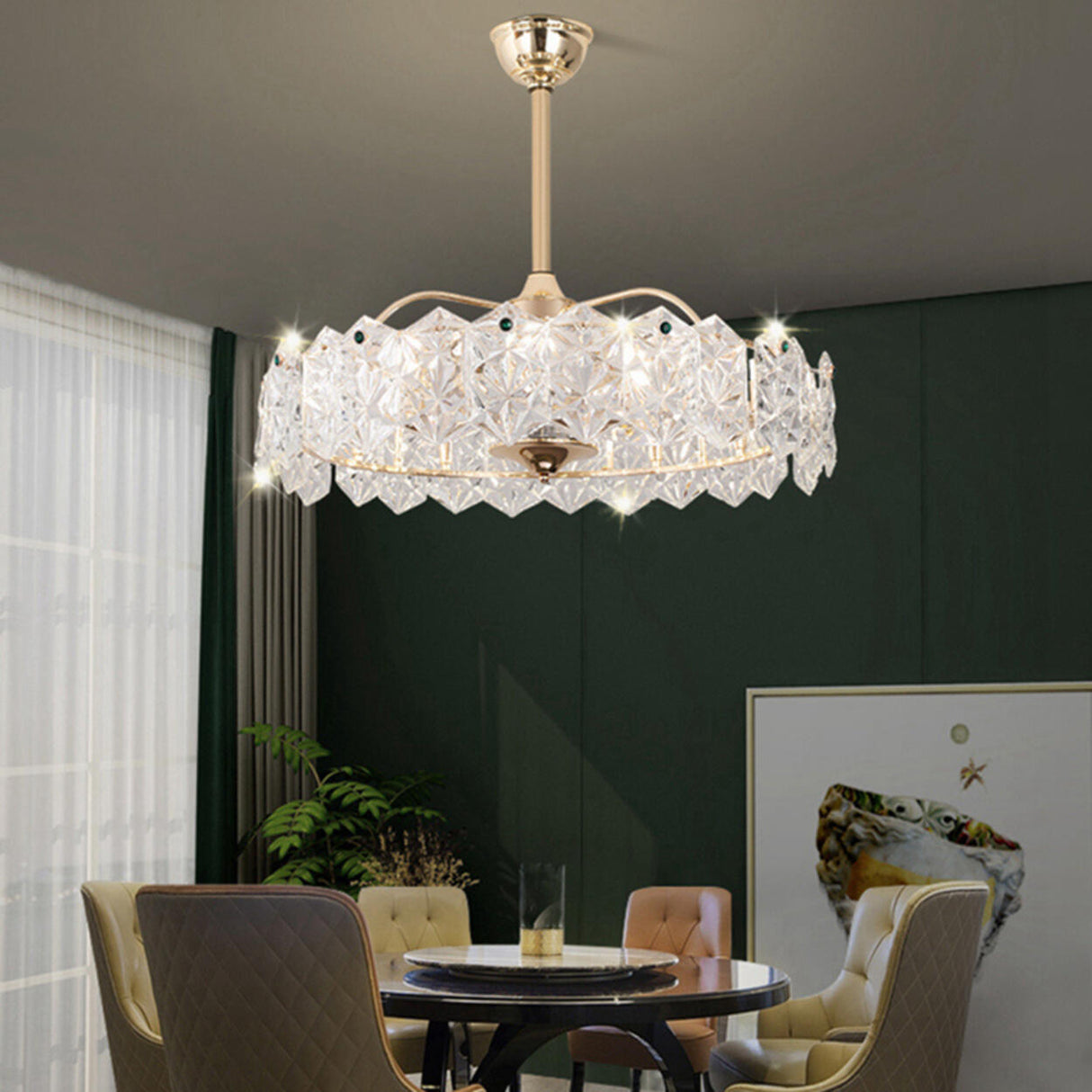 Modern Luxury Round Glass Chandelier Fan with Light Image - 6