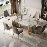 Modern Luxury Stone Gold Pedestal Rectangular Dining Table Image - 1