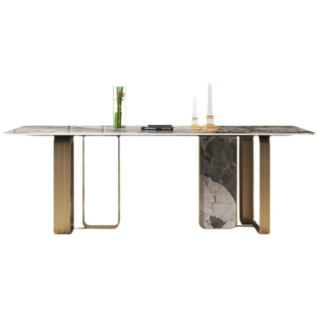Modern Luxury Stone Gold Pedestal Rectangular Dining Table Image - 2