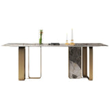 Modern Luxury Stone Gold Pedestal Rectangular Dining Table Image - 2