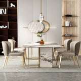 Modern Luxury Stone Gold Pedestal Rectangular Dining Table Image - 3