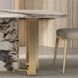 Modern Luxury Stone Gold Pedestal Rectangular Dining Table Image - 5