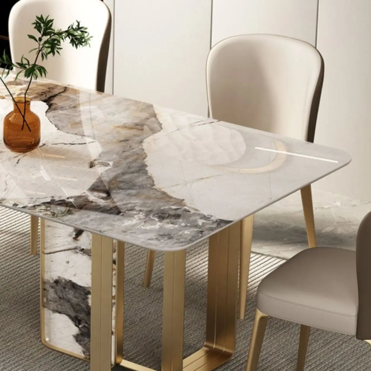 Modern Luxury Stone Gold Pedestal Rectangular Dining Table Image - 6