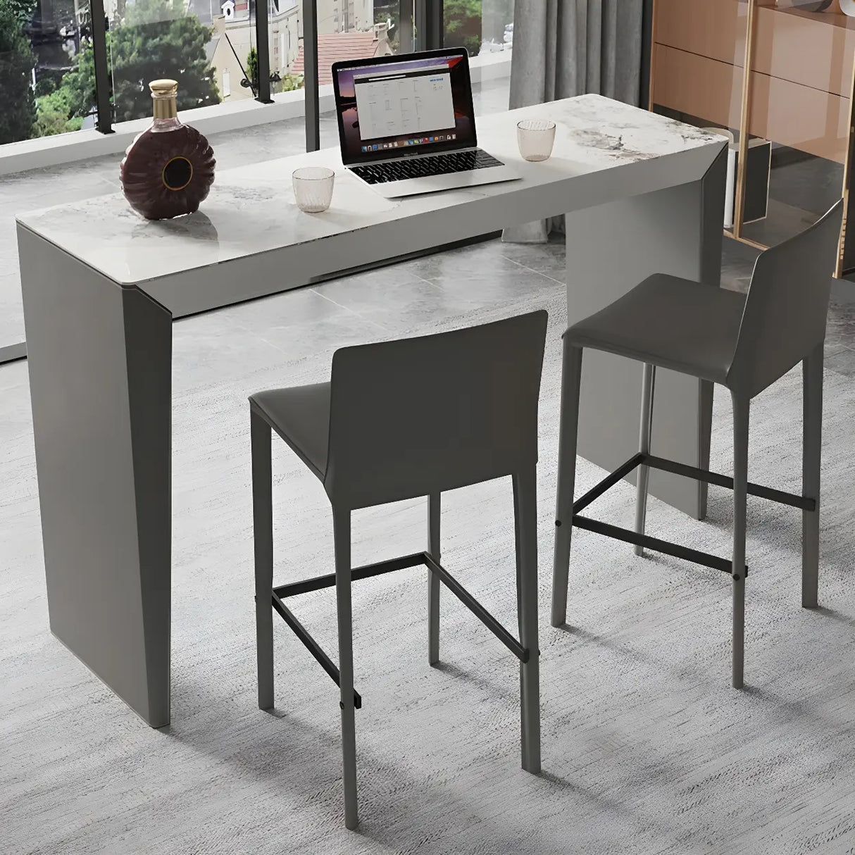 Modern Marble Counter Height Bar Table with Sleek Grey Base Image - 1