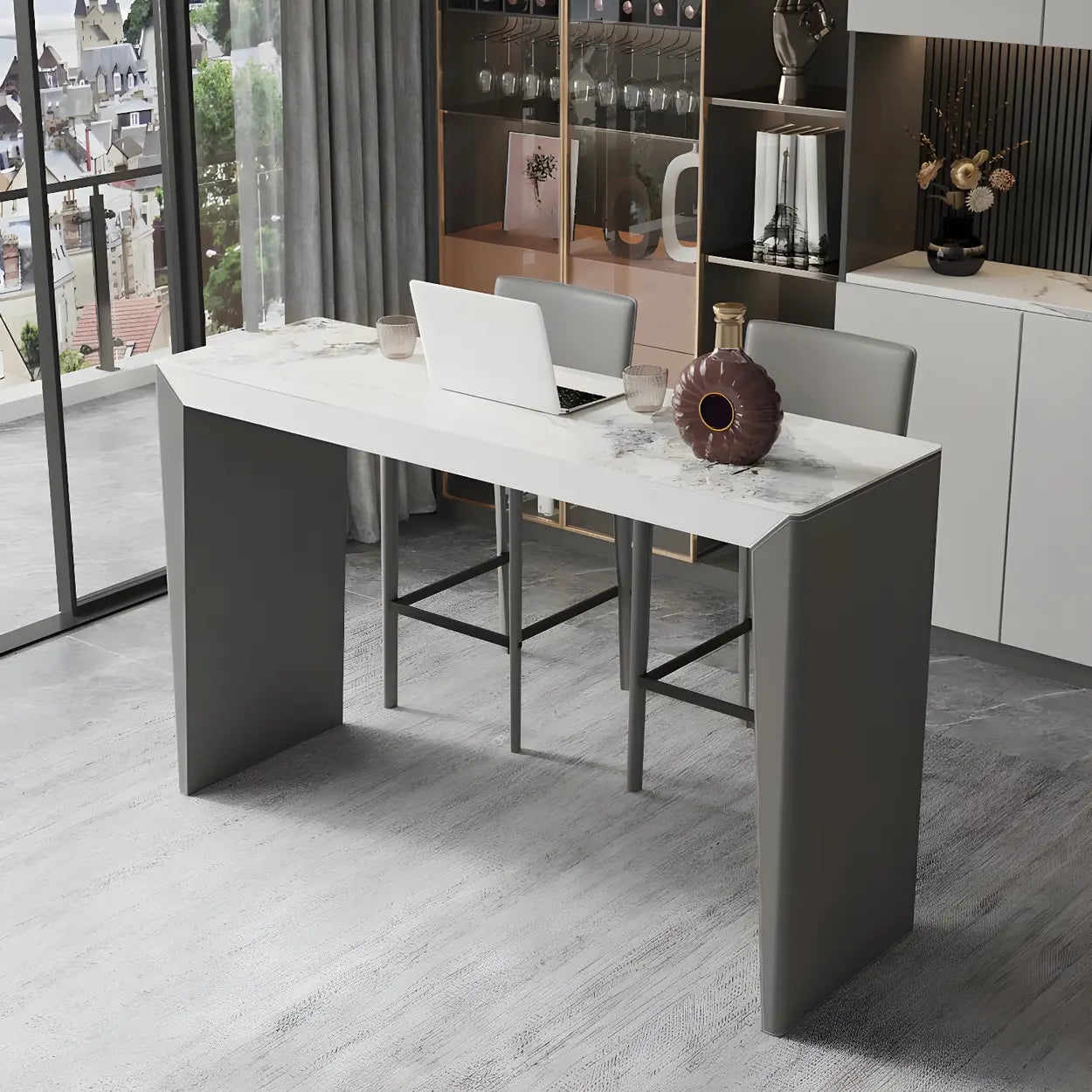 Modern Marble Counter Height Bar Table with Sleek Grey Base Image - 3