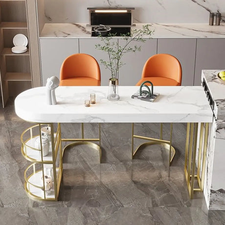 Modern Marble Kitchen Island Table with Gold & Storage Shelves Image - 3