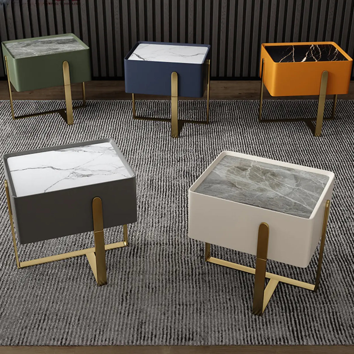 Modern Marble Top  Gold Metal Leg Nightstand with Drawers Image - 1