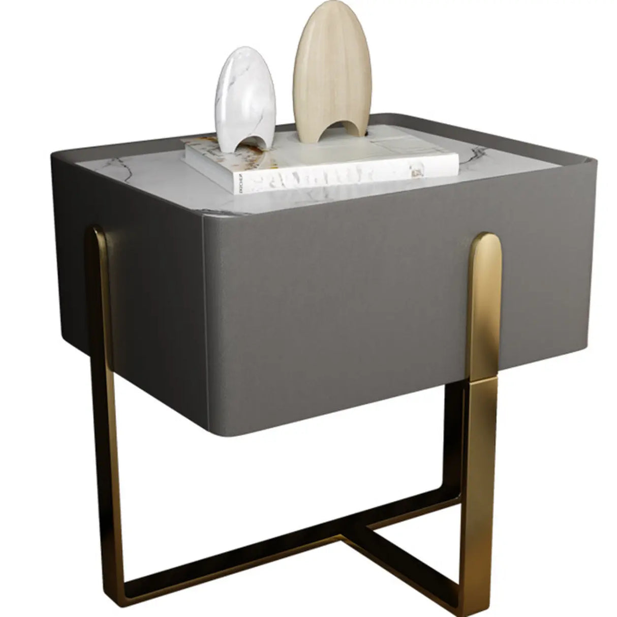 Modern Marble Top  Gold Metal Leg Nightstand with Drawers Image - 6