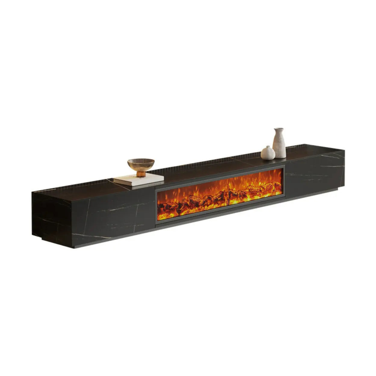Modern Marble TV Stand Fireplace with Drawers & Lighting Image - 2