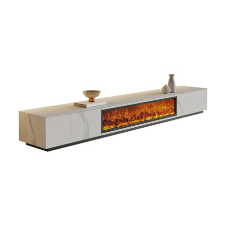 71"L x 16"W x 14"H White Modern Marble TV Stand Fireplace with Drawers & Lighting Image - 2