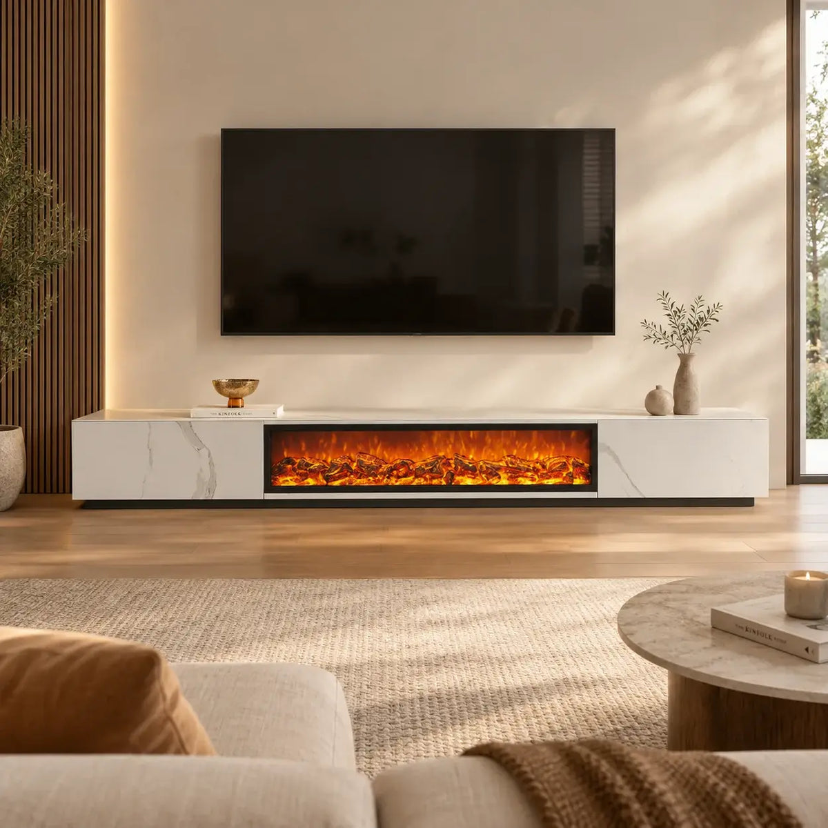 Modern Marble TV Stand Fireplace with Drawers & Lighting Image - 3