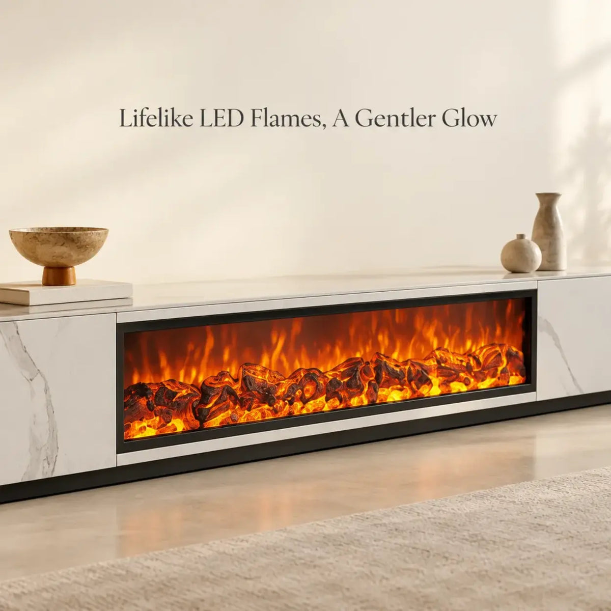 Modern Marble TV Stand Fireplace with Drawers & Lighting Image - 4