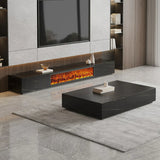 Modern Marble TV Stand Fireplace with Drawers & Lighting Image - 5