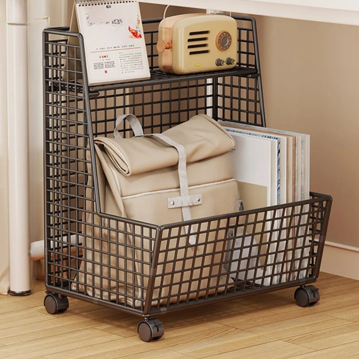 Modern Mesh Iron Small Sliding Storage Bookcase Black Image - 12