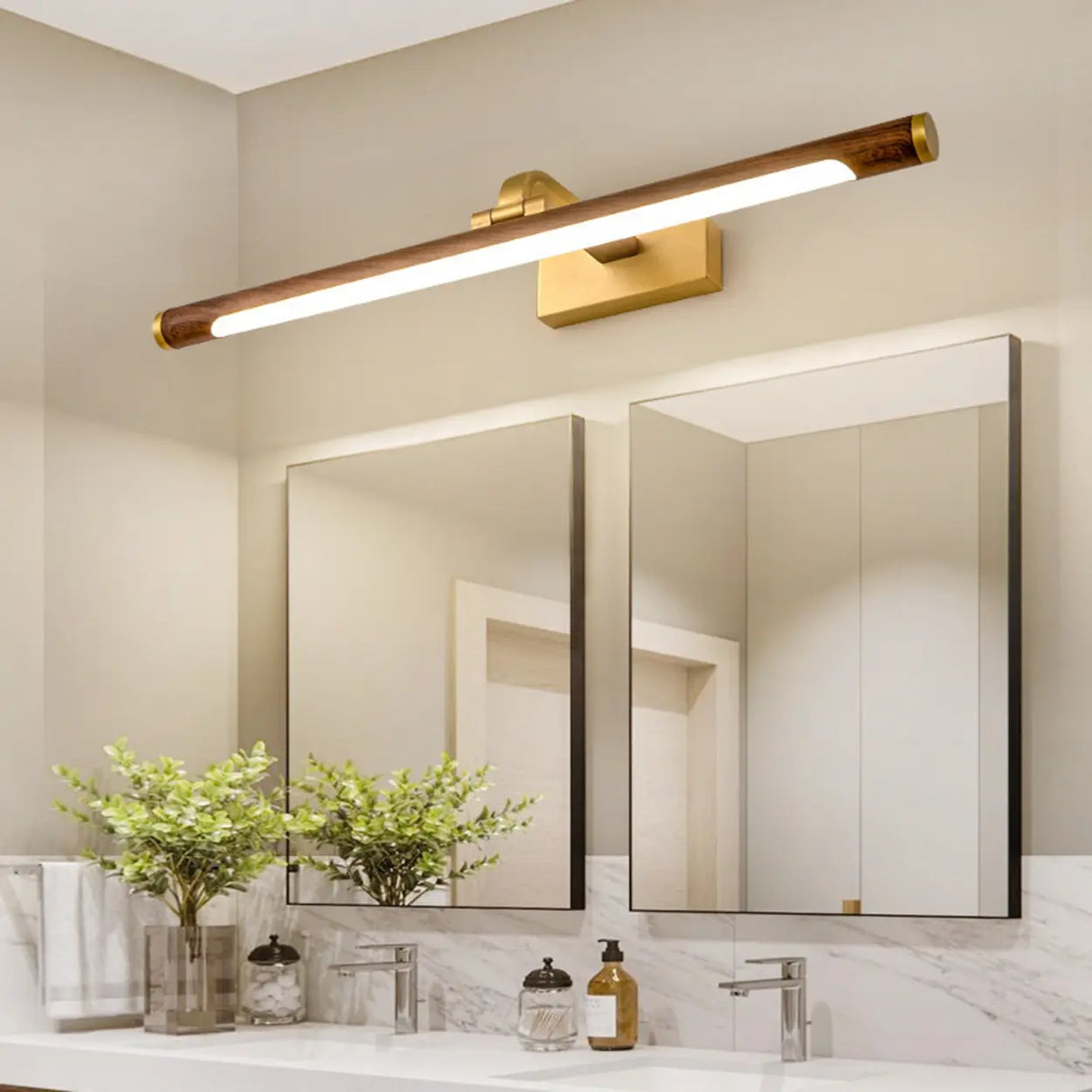 Modern Wood and Gold LED Vanity Light Fixture Image - 2