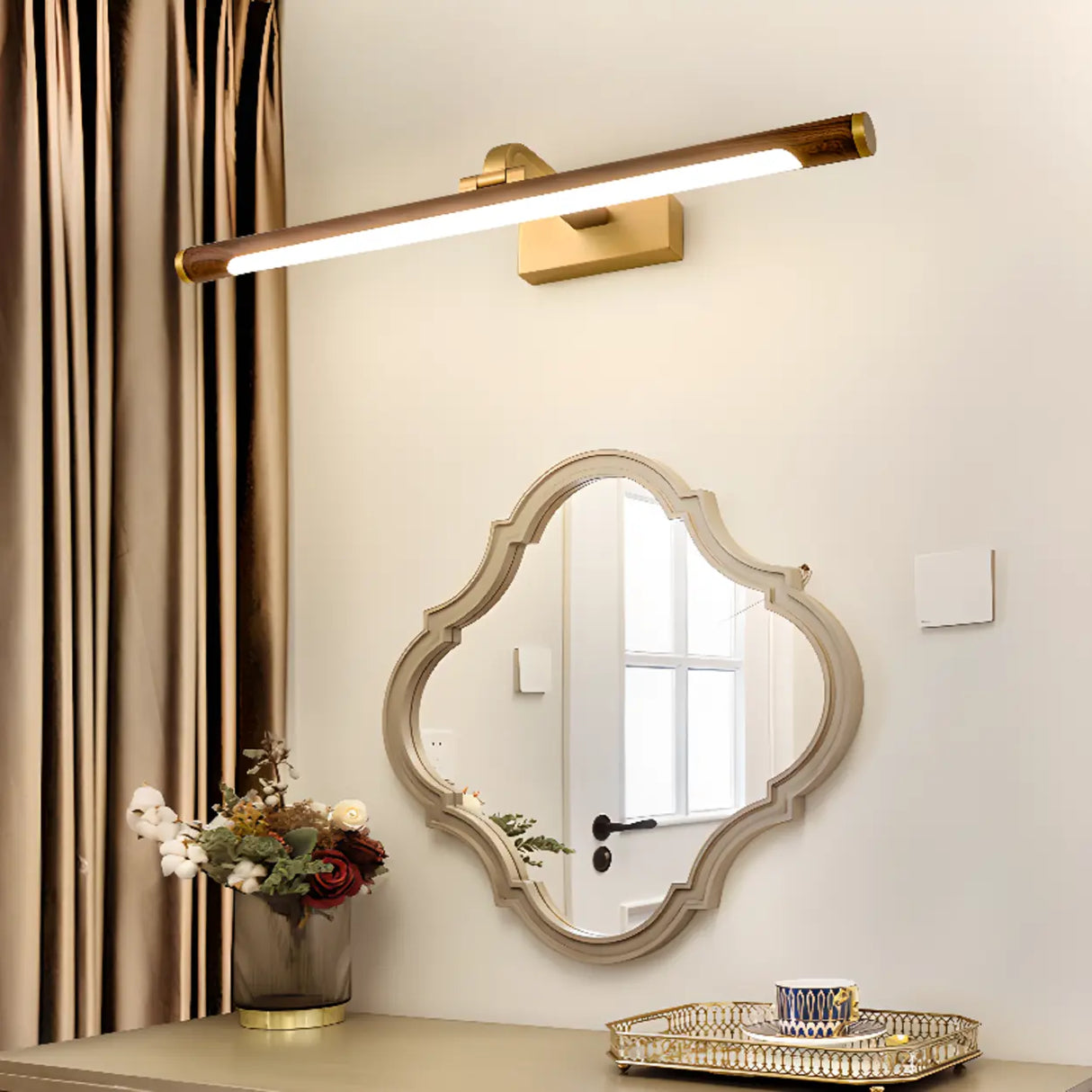 Modern Wood and Gold LED Vanity Light Fixture Image - 3