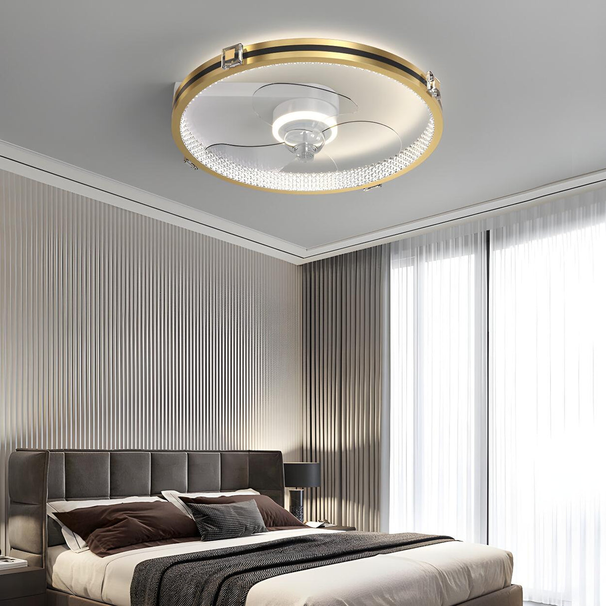 Modern Metal Ring Ornament Ceiling Fan with Light Image - 1