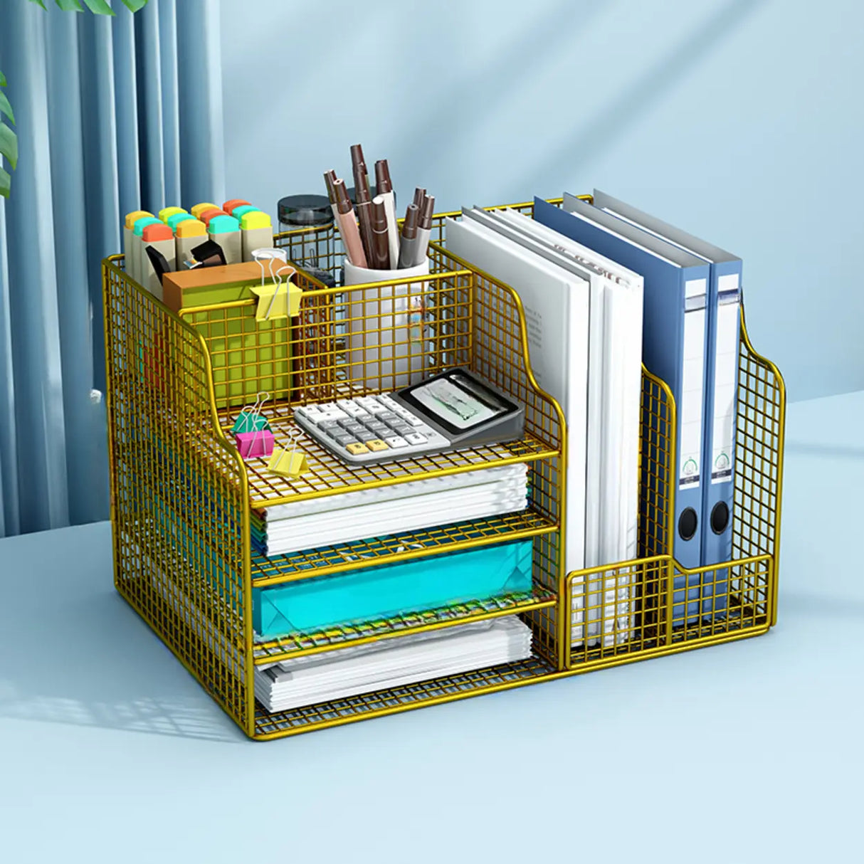 Modern Metal Wire Mesh Desktop Storage Bookcase Black Image - 11