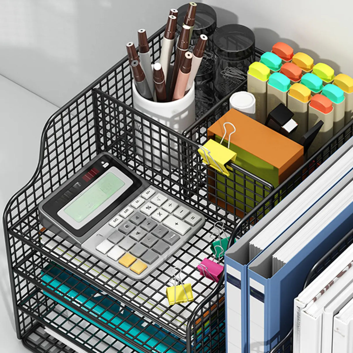 Modern Metal Wire Mesh Desktop Storage Bookcase Black Image - 12