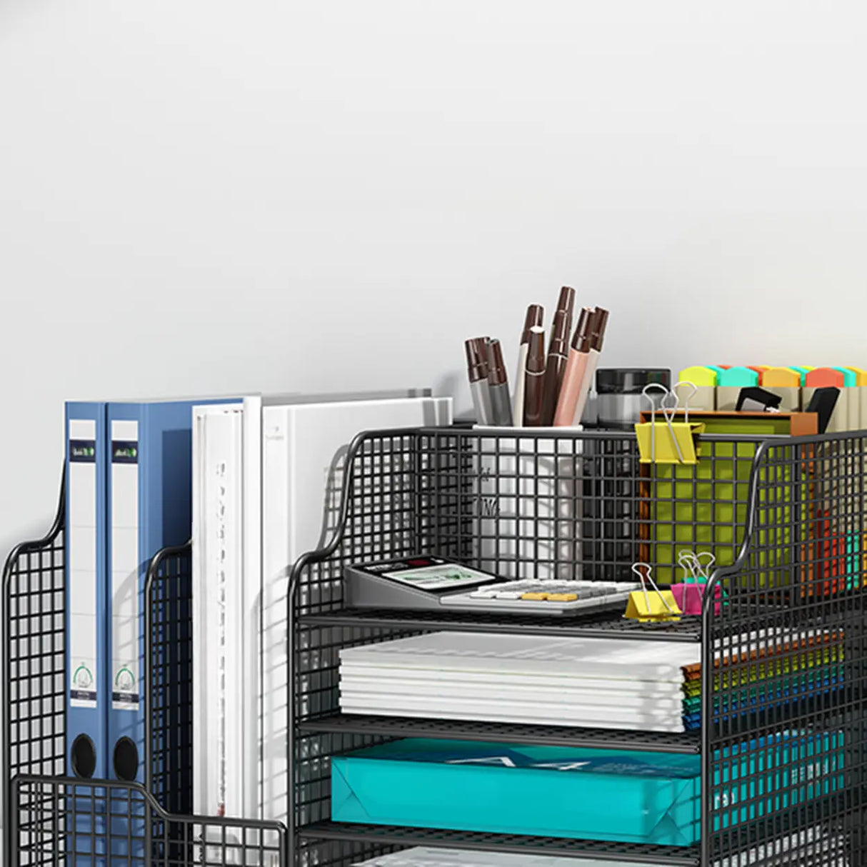 Modern Metal Wire Mesh Desktop Storage Bookcase Black Image - 13