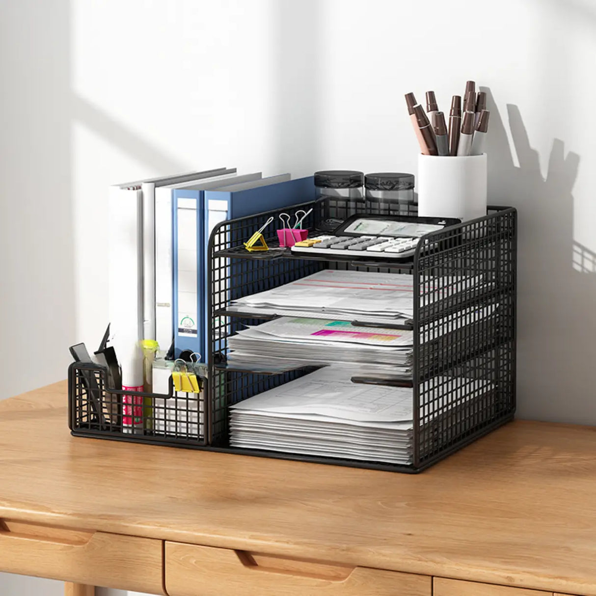 Modern Metal Wire Mesh Desktop Storage Bookcase Black Image - 14