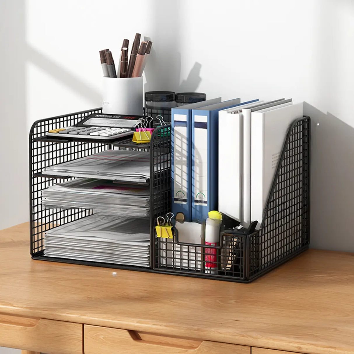 Modern Metal Wire Mesh Desktop Storage Bookcase Black Image - 15