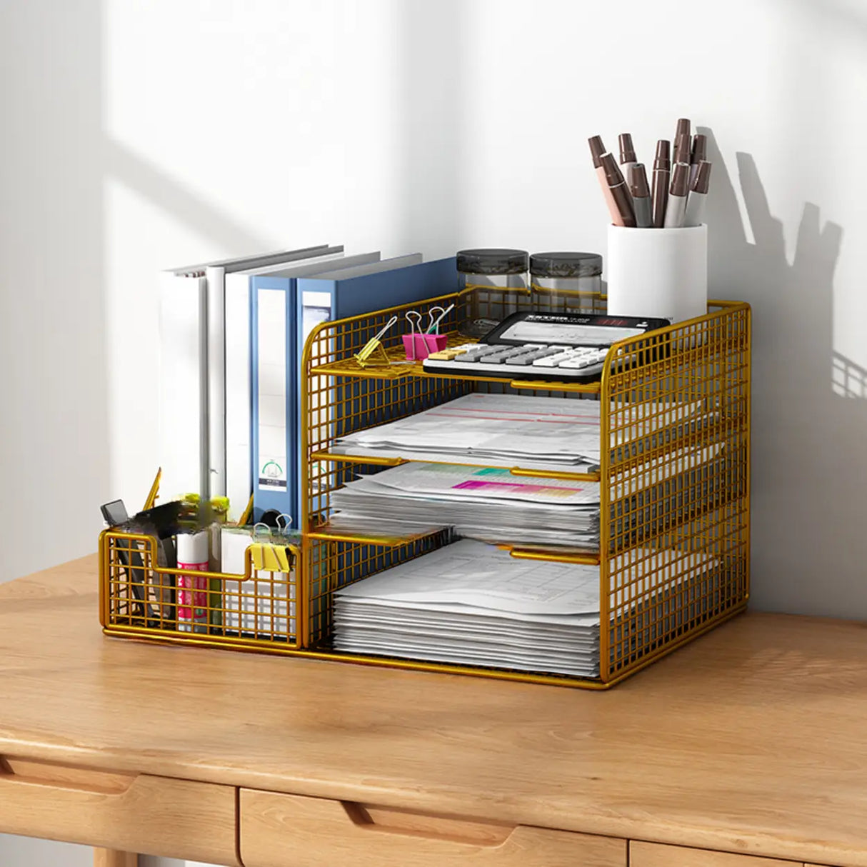 Modern Metal Wire Mesh Desktop Storage Bookcase Black Image - 18