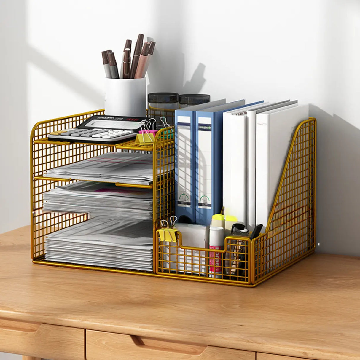 Modern Metal Wire Mesh Desktop Storage Bookcase Black Image - 19