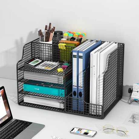 Modern Metal Wire Mesh Desktop Storage Bookcase Black Image - 1