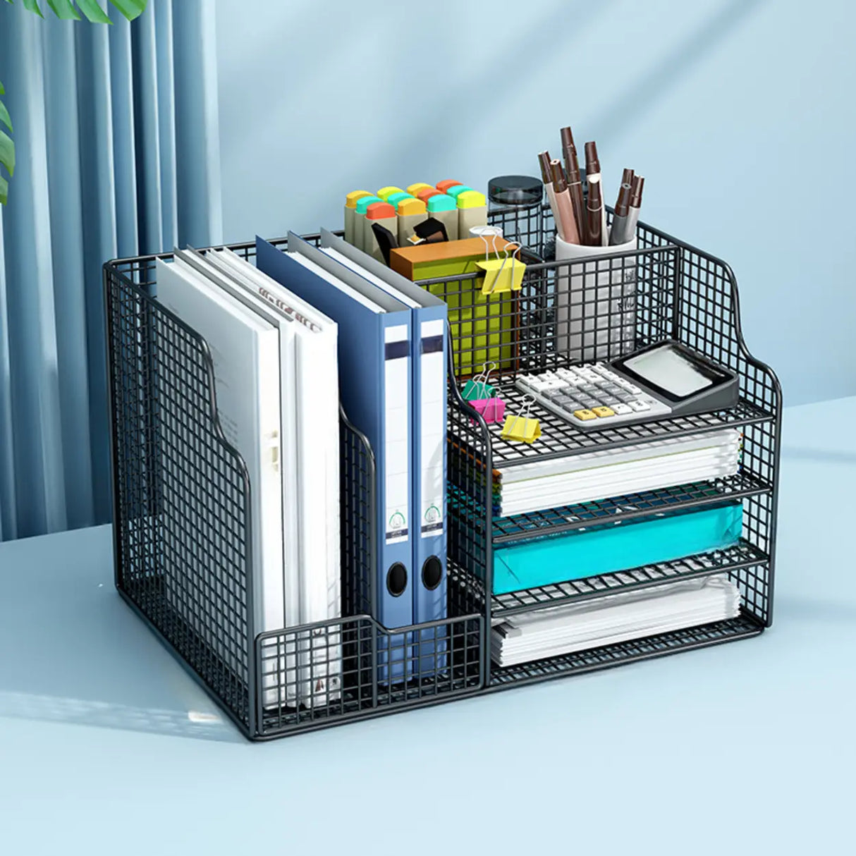 Modern Metal Wire Mesh Desktop Storage Bookcase Black Image - 2