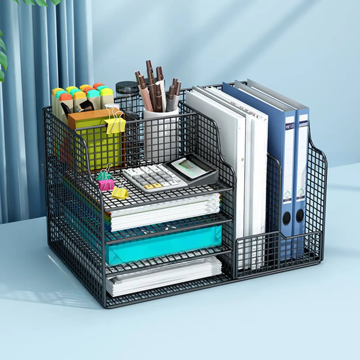 Modern Metal Wire Mesh Desktop Storage Bookcase Black Image - 4