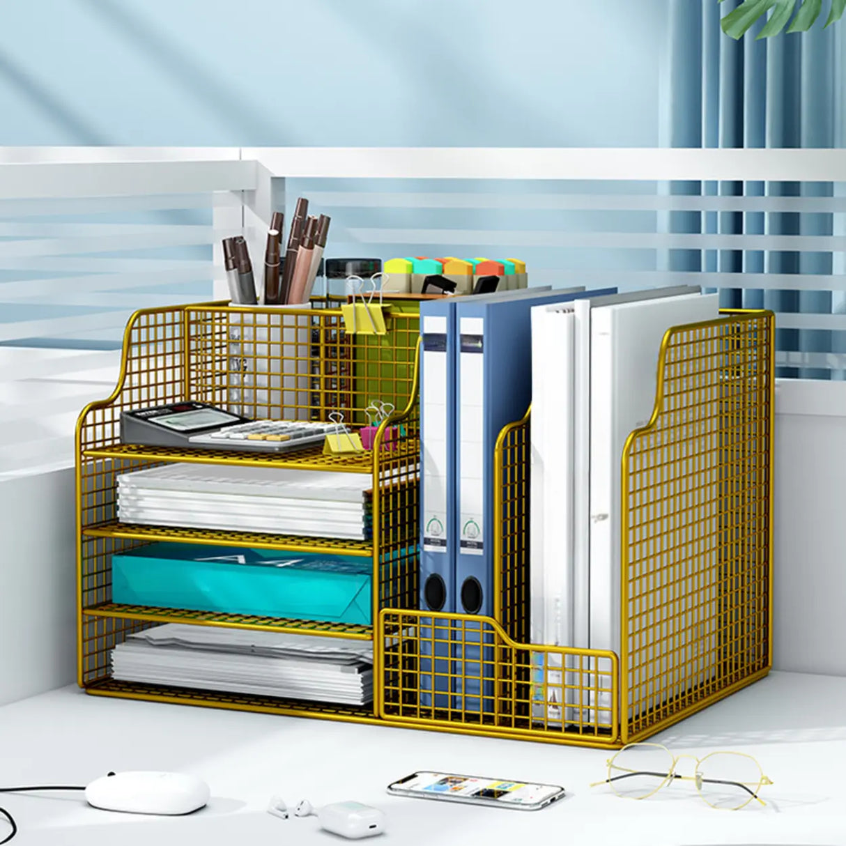 Modern Metal Wire Mesh Desktop Storage Bookcase Black Image - 6