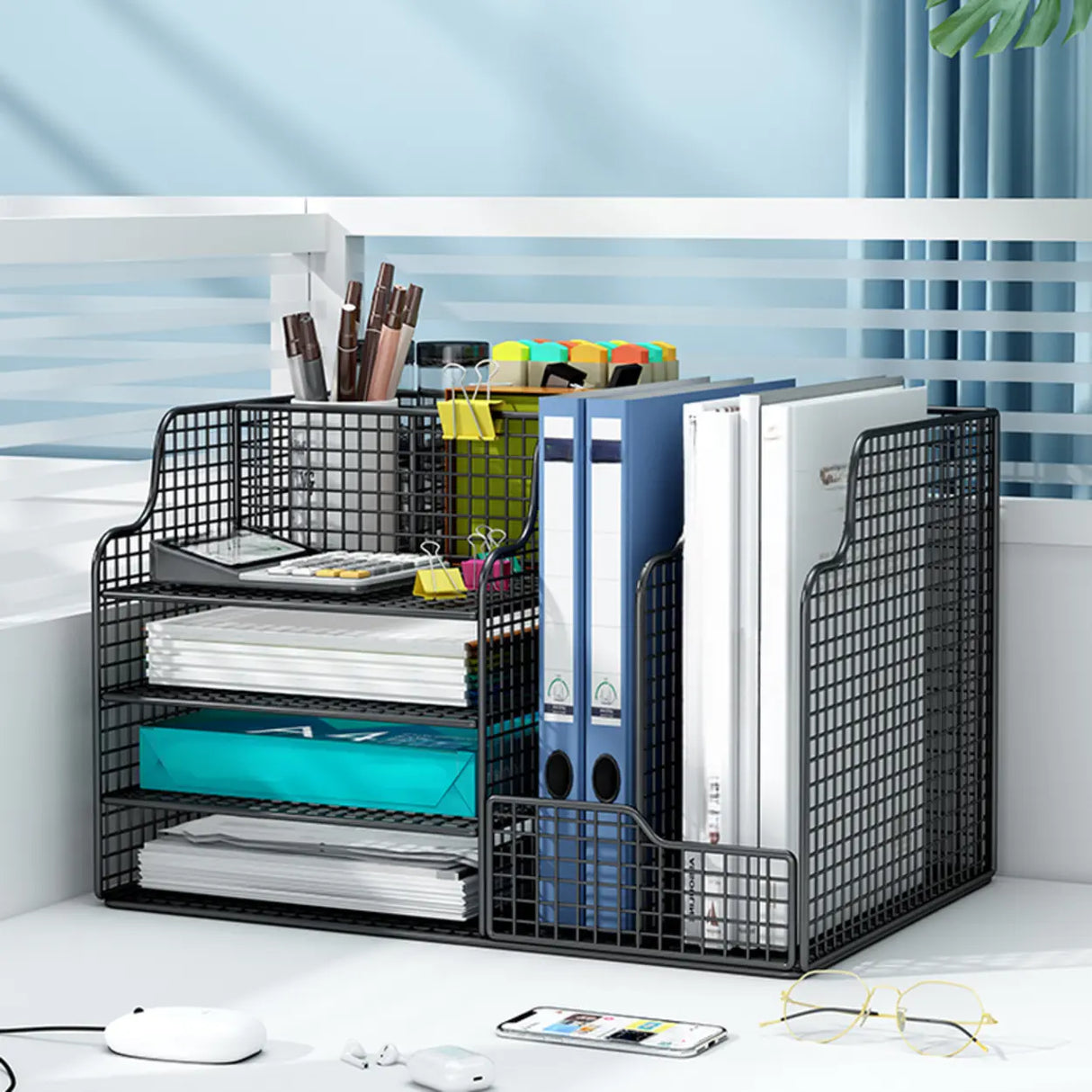 Modern Metal Wire Mesh Desktop Storage Bookcase Black Image - 8