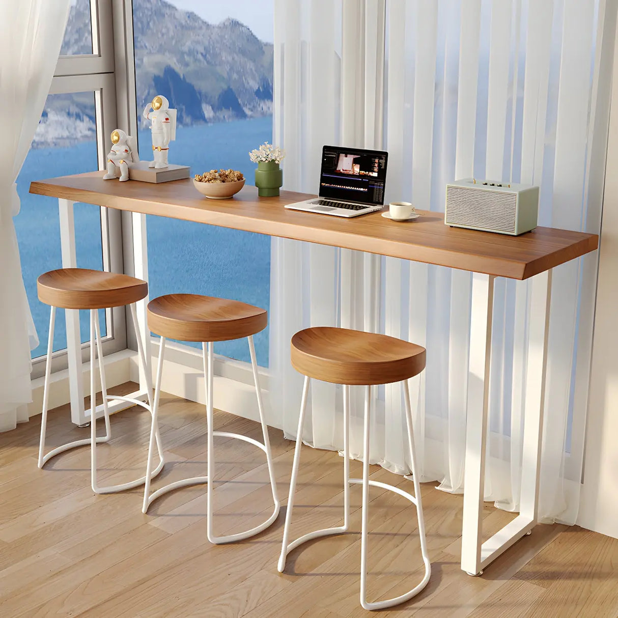 Modern Minimalist Bar Table with Wood Top and Metal Legs Image - 1