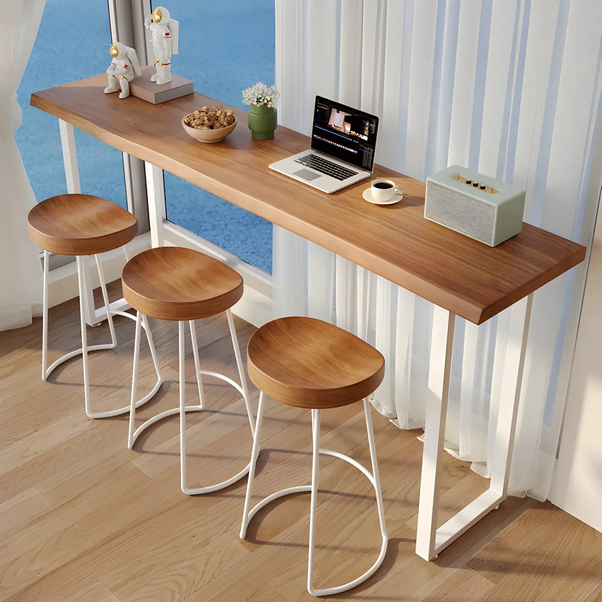 Modern Minimalist Bar Table with Wood Top and Metal Legs Image - 2